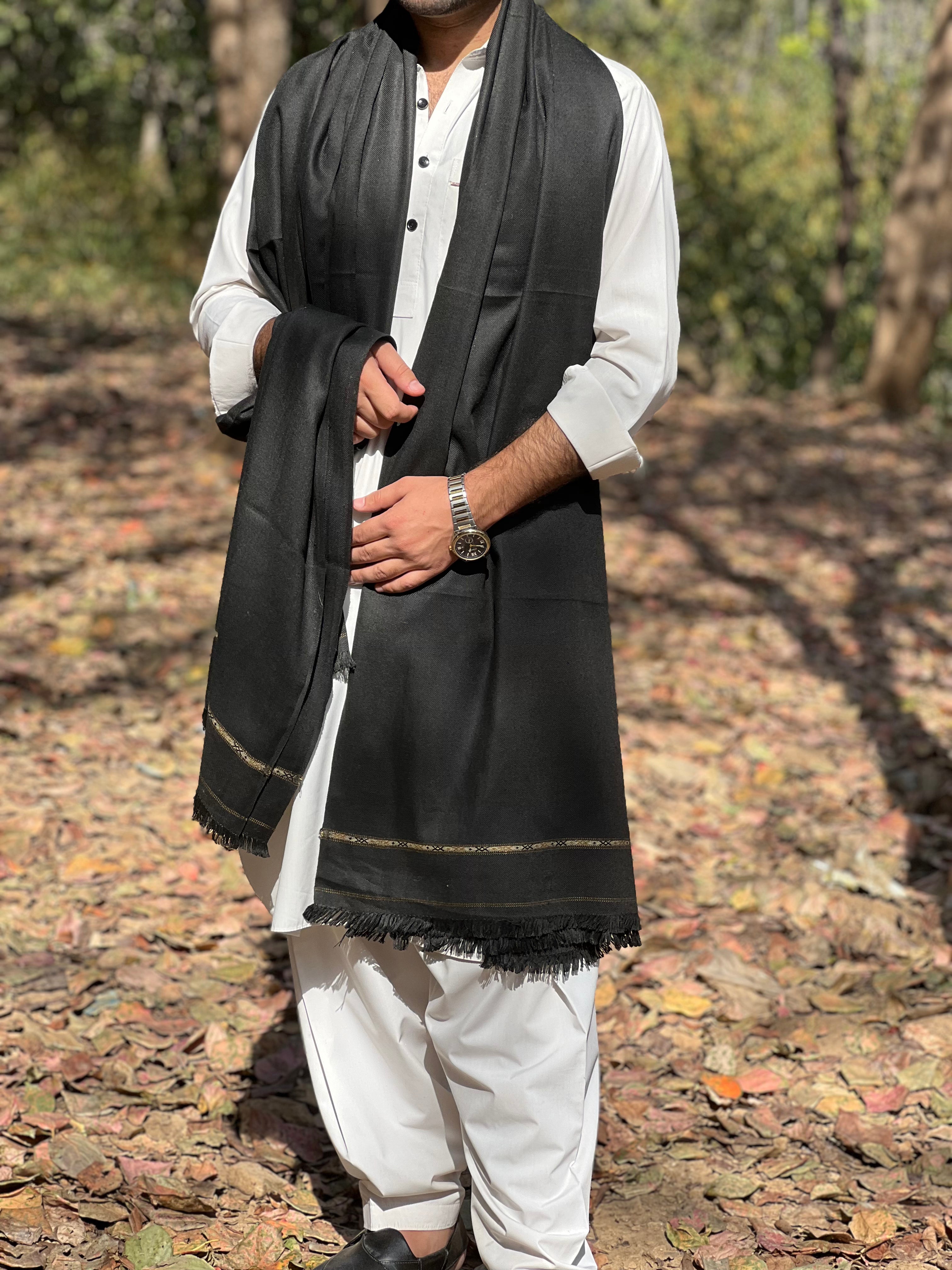 100% Pure Black Pashmeena Wool Shawl — Handwoven in Salampur