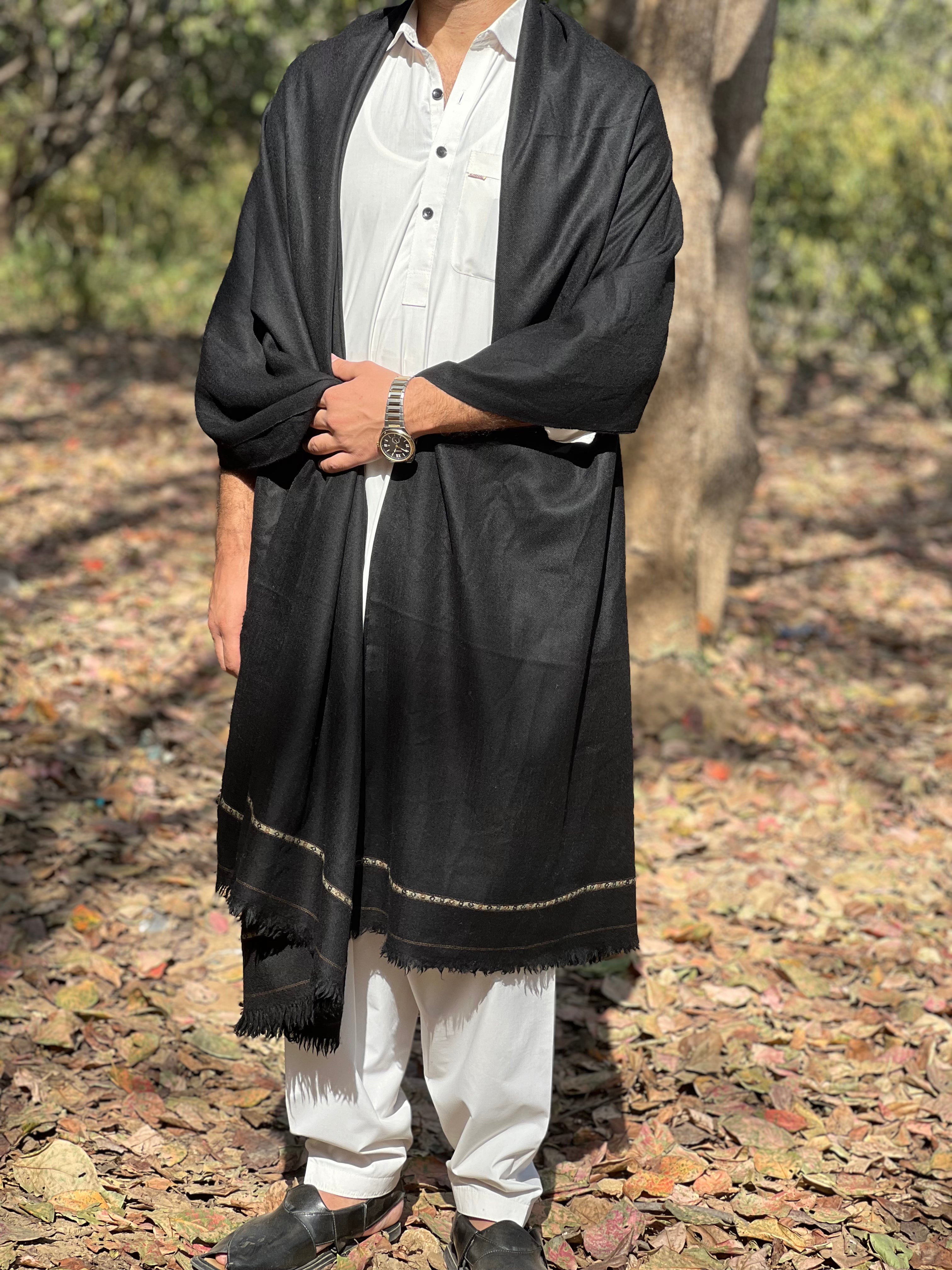 100% Pure Black Pashmeena Wool Shawl — Handwoven in Salampur