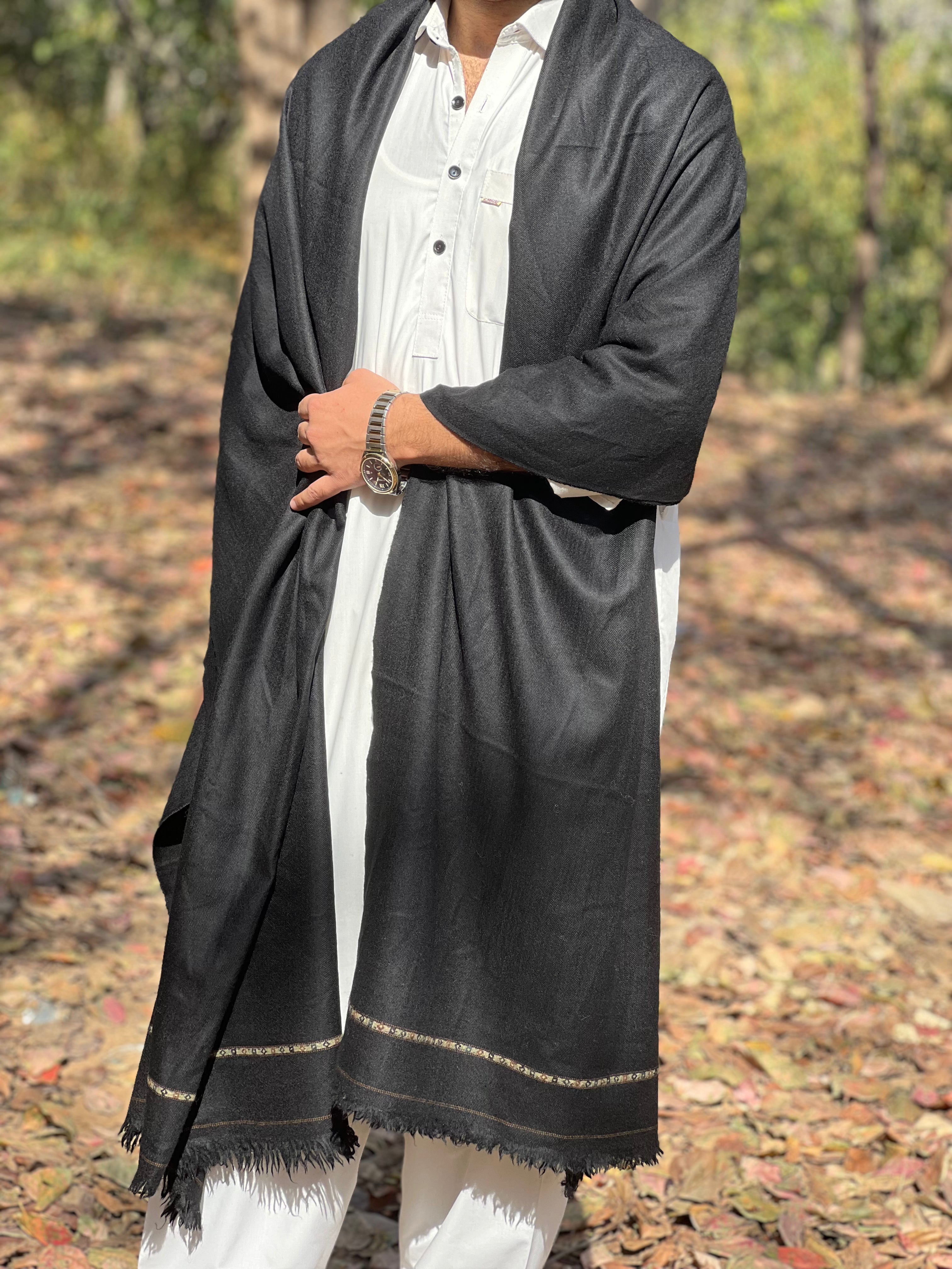 100% Pure Black Pashmeena Wool Shawl — Handwoven in Salampur