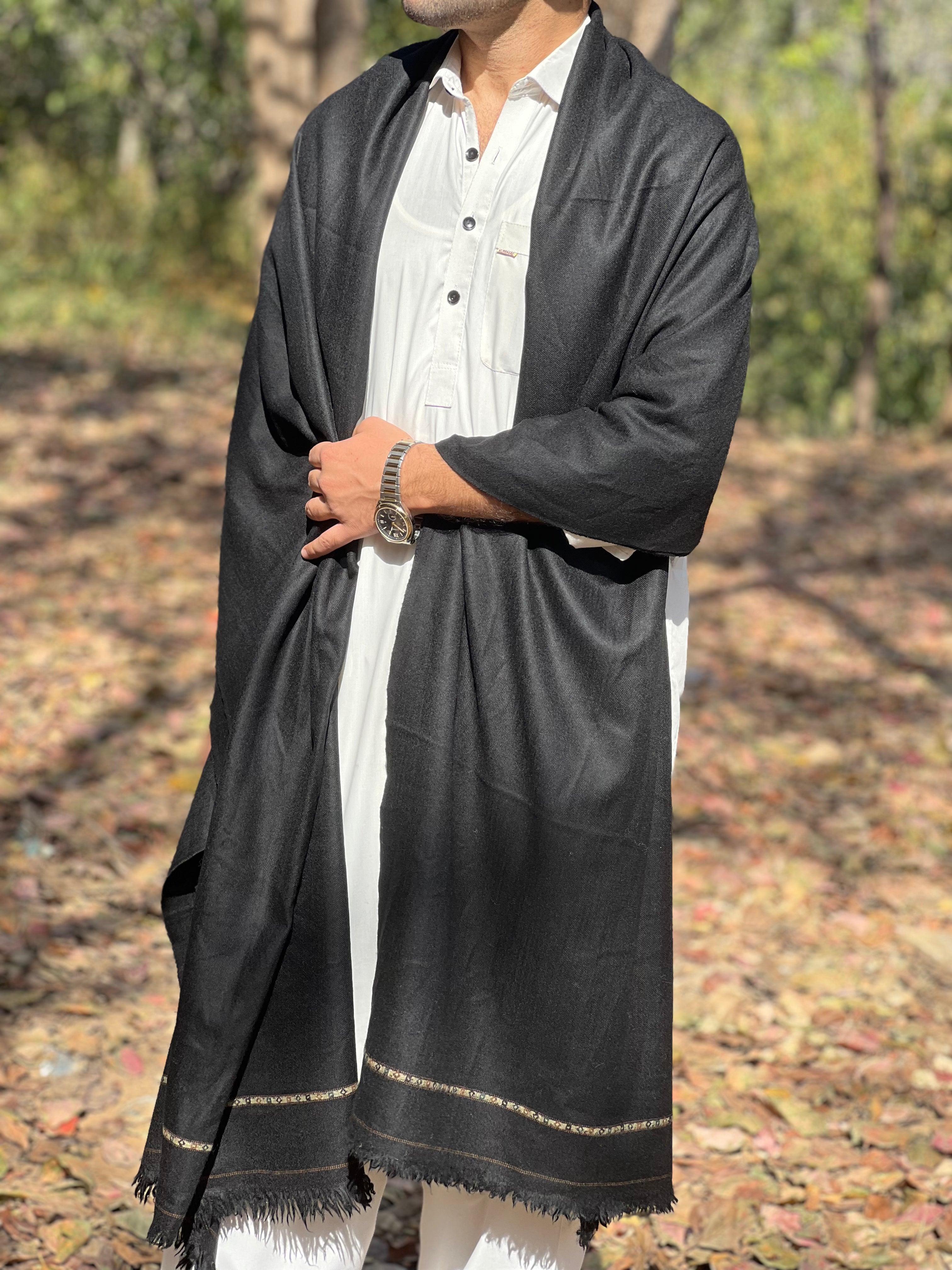 100% Pure Black Pashmeena Wool Shawl — Handwoven in Salampur